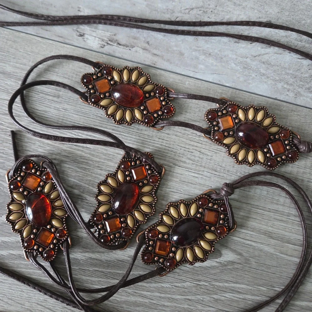 Boho Amber Stone Medallion Tie Belt Brown Faux Leather Western Festival Waist 28